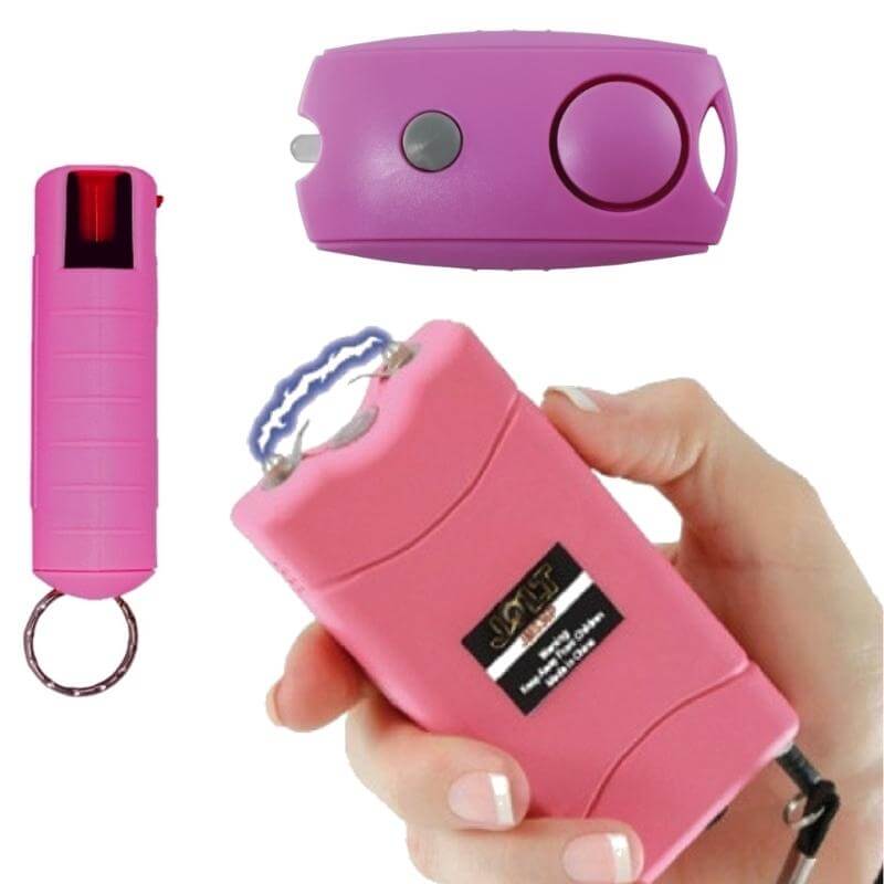 kit includes pink pepper spray, stun gun and panic alarm