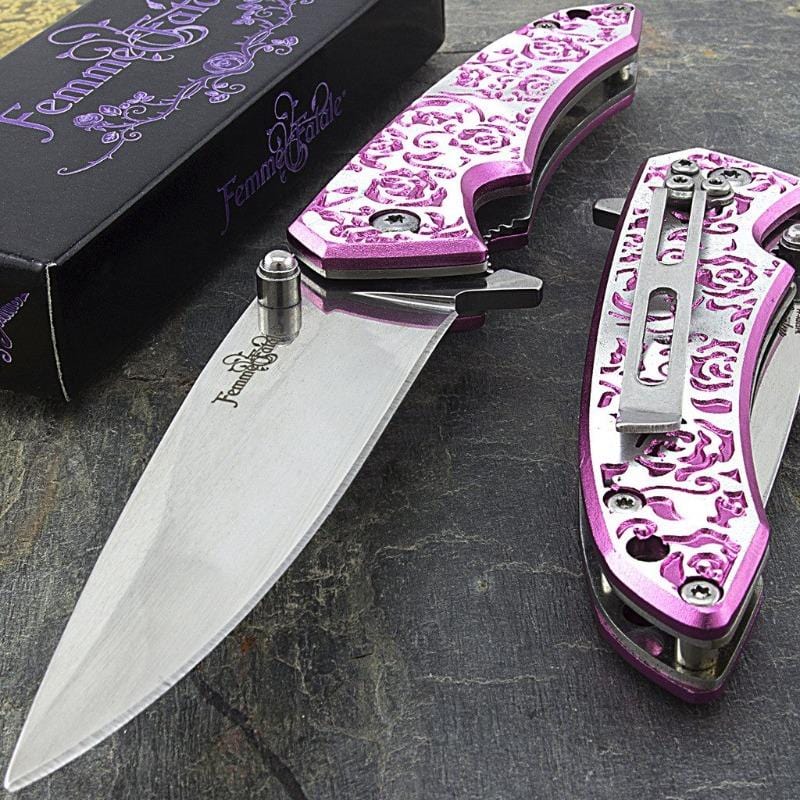 femme fatale laser etched pink rose folding knife