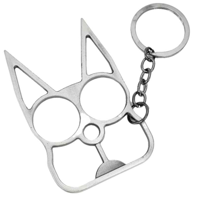 silver aluminum metal cat self defense keychain