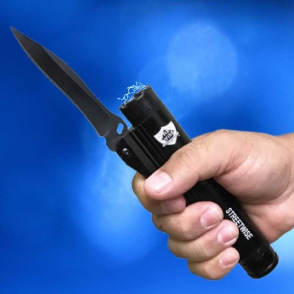 deployed self defense sting blade knife stun gun flashlight combo