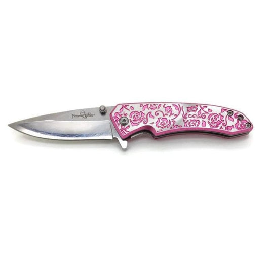 femme fatale laser etched pink rose folding knife 7 inch blade