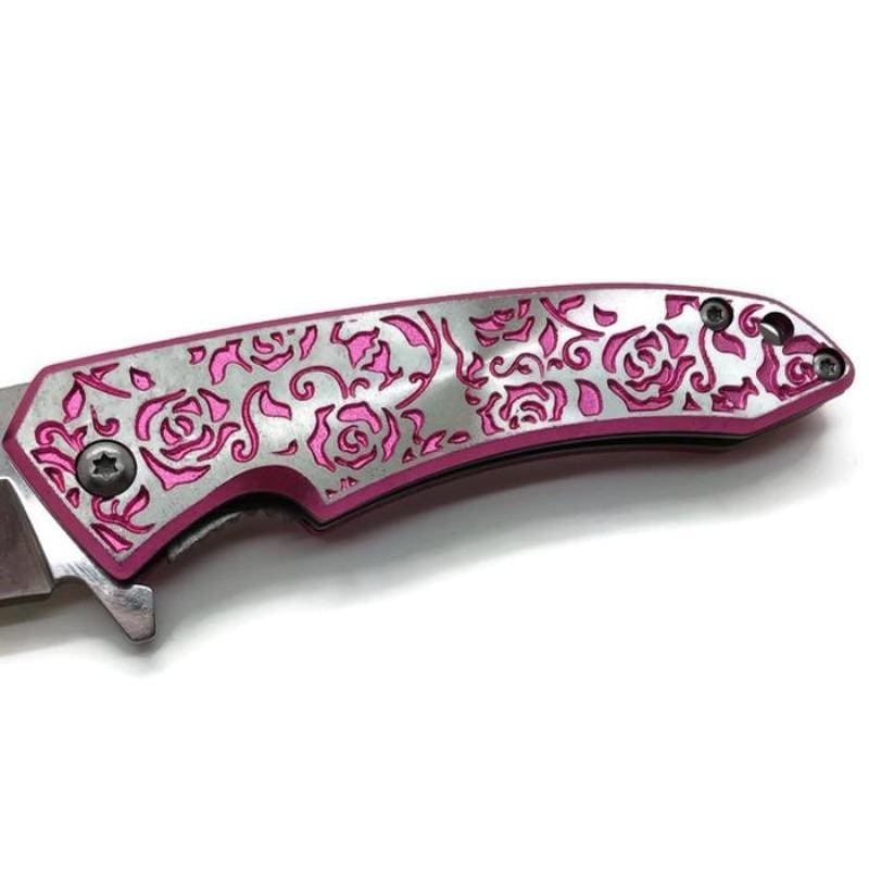 femme fatale laser etched pink rose folding knife handle view