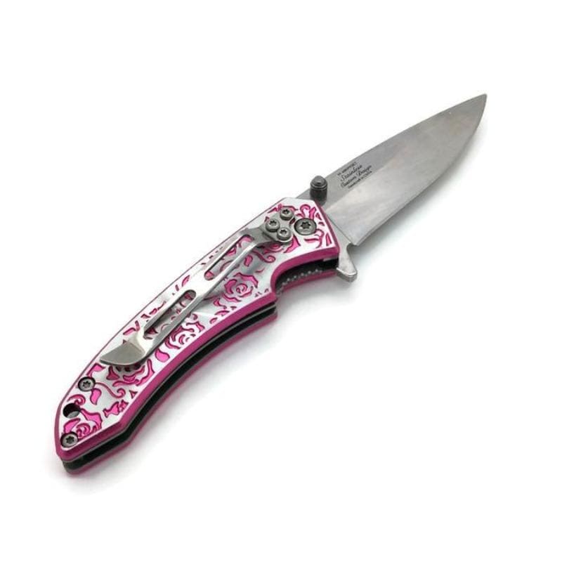 femme fatale laser etched pink rose folding knife