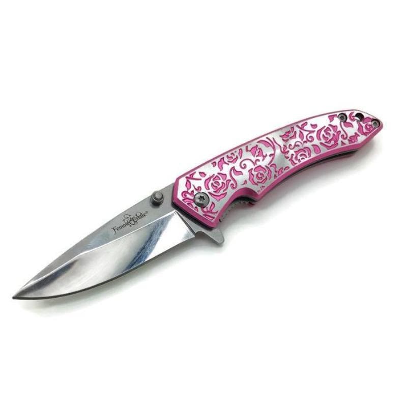femme fatale laser etched pink rose folding knife