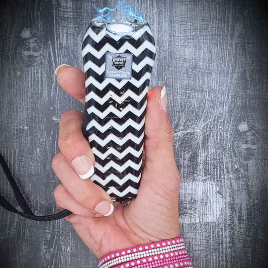 in hand ladies choice black white chevron stun gun