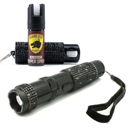 black rhinestone self defense kit includes bling pepper spray and stun gun flashlight