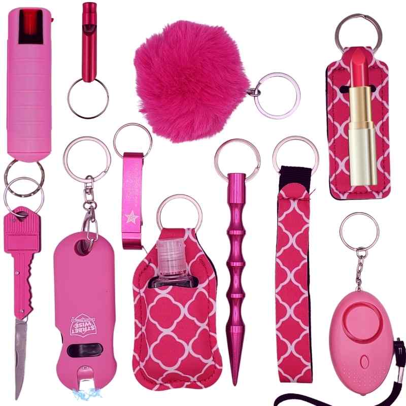 stun taser mace pink self defense keychain deluxe set