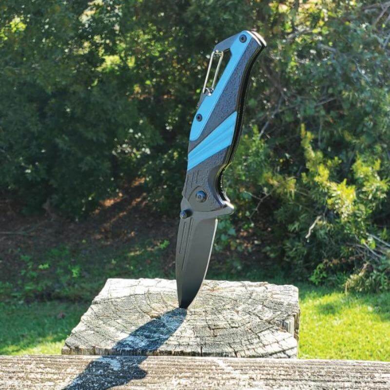 Blue Carabiner Folding Pocket Knife