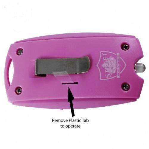 features pink panic alarm keychain