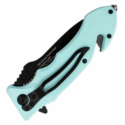 blue tanto folding knife seatbelt cutter glass breaker