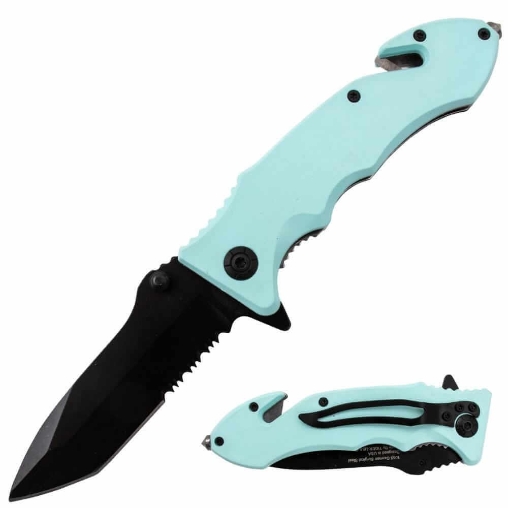 blue tanto folding knife seatbelt cutter glass breaker