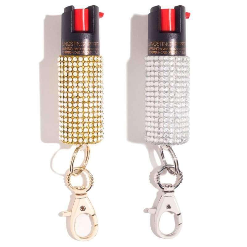 rhinestone pepper spray keychain silver gold diamonds self defense key ring