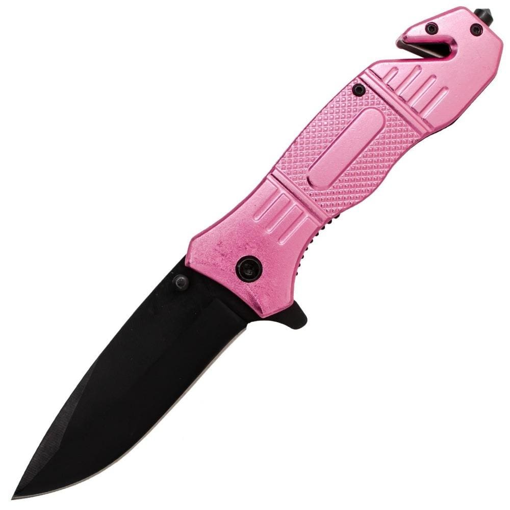 pink metal tactical knife features seatbelt cutter and glass break tip