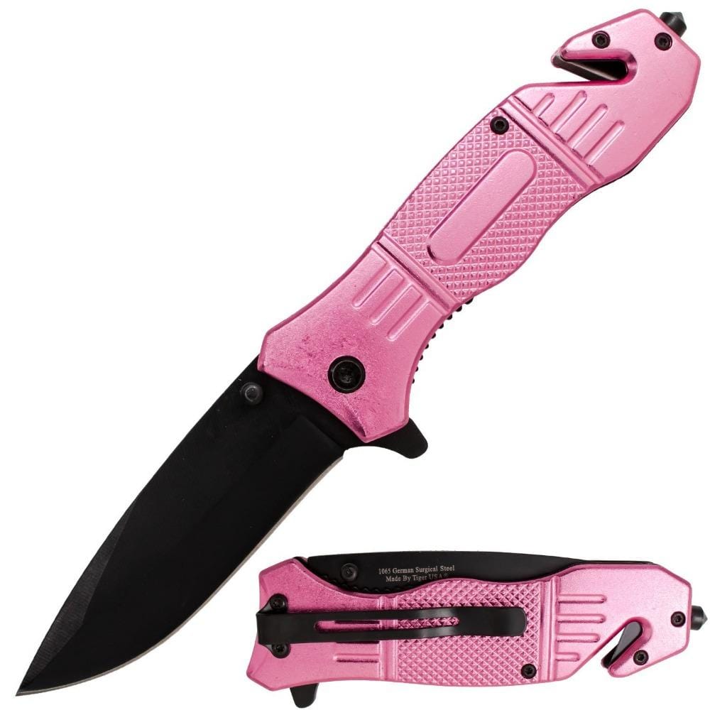 pink metallic Seatbelt Cutter & Glass Break Survival Drop Point Blade Knife