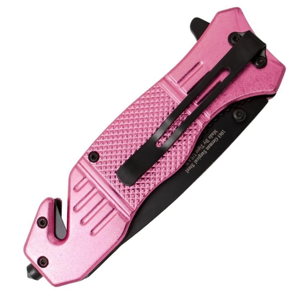 pink metal tactical knife features seatbelt cutter and glass break tip