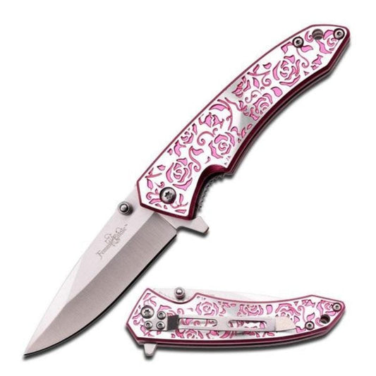 femme fatale laser etched pink rose folding knife