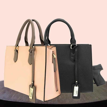 pink and black remi ccw bags on table